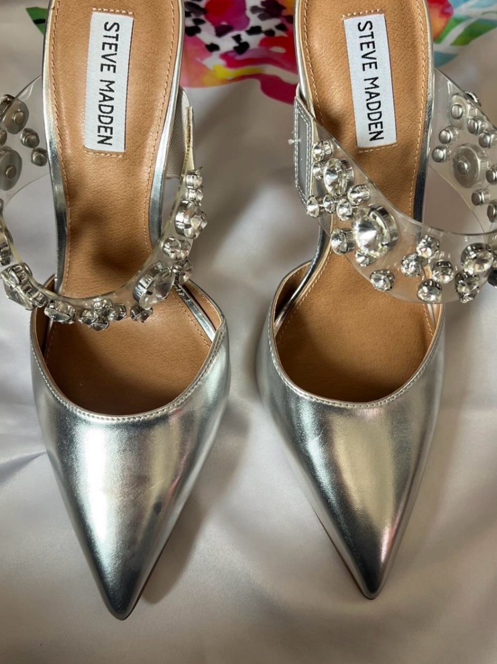 Steve Madden Silver Jeweled Clear-Strap Pointed Pumps